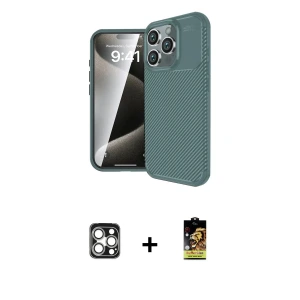 ieg™ iPhone 16 Pro Max Kılıf Eksen Form Prime - Siyah Buffer Cam Ekran Koruyucu + PVD Metal Kamera Lens - GS