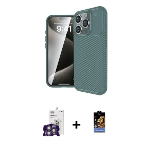 ieg™ iPhone 16 Pro Max Kılıf Eksen Form Prime - Siyah Buffer Hayalet Cam Ekran Koruyucu + Bilvis Titan Kamera Lens - GS