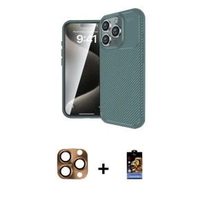 ieg™ iPhone 16 Pro Max Kılıf Eksen Form Prime - Siyah Buffer Hayalet Cam Ekran Koruyucu + Pers Alüminyum Kamera Lens - CLTM