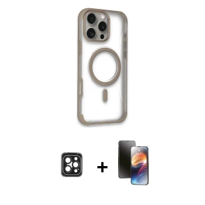 ieg™ iPhone 16 Pro Max Kılıf Eksen Klasik Koleksiyonu - Siyah 3D Antistatik Mat Seramik Nano Ekran Koruyucu + PVD Metal Kamera Lens - SH