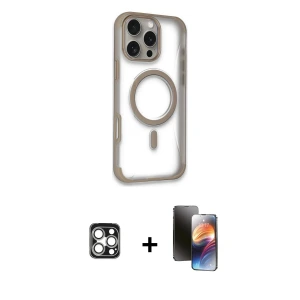 ieg™ iPhone 16 Pro Max Kılıf Eksen Klasik Koleksiyonu - Siyah 3D Antistatik Mat Seramik Nano Ekran Koruyucu + PVD Metal Kamera Lens - GS