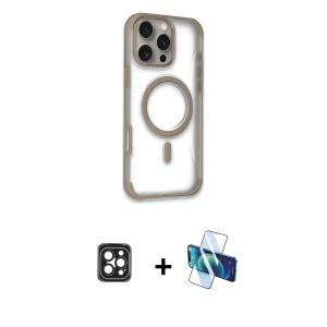 ieg™ iPhone 16 Pro Max Kılıf Eksen Klasik Koleksiyonu - Siyah 3D Antistatik Seramik Nano Ekran Koruyucu + PVD Metal Kamera Lens - SH