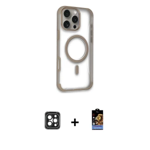 ieg™ iPhone 16 Pro Max Kılıf Eksen Klasik Koleksiyonu - Siyah Buffer Hayalet Cam Ekran Koruyucu + PVD Metal Kamera Lens - SH