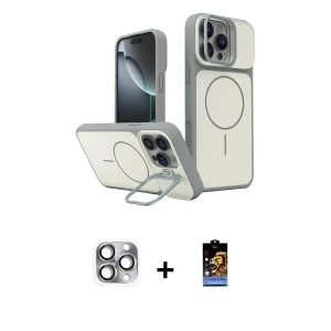 ieg™ iPhone 16 Pro Max Kılıf İz Modern Prime - Siyah Buffer Hayalet Cam Ekran Koruyucu + Pers Alüminyum Kamera Lens - GI