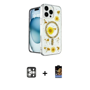 ieg™ iPhone 16 Pro Max Kılıf Kozmos Doku - Siyah Buffer Hayalet Cam Ekran Koruyucu + PVD Metal Kamera Lens - GS