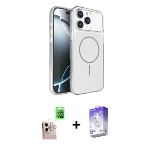 ieg™ iPhone 16 Pro Max Kılıf Kutup Doku Serisi - Siyah Bilvis 5in1 3D Magic Cam Ekran Koruyucu + Raze Metal Kamera Lens - NLGY