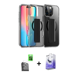 ieg™ iPhone 16 Pro Max Kılıf Nova Işık Koleksiyonu - Siyah Bilvis 5in1 5D Magic Hayalet Cam Ekran Koruyucu + Raze Metal Kamera Lens - SH