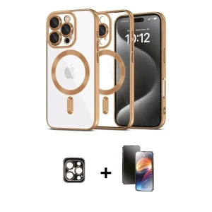 ieg™ iPhone 16 Pro Max Kılıf Nova Işık Özel Seri - Siyah 3D Antistatik Mat Seramik Nano Ekran Koruyucu + PVD Metal Kamera Lens - GD
