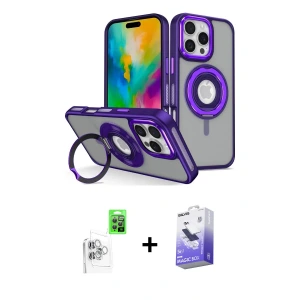 ieg™ iPhone 16 Pro Max Kılıf Nova Minimal Serisi - Siyah Bilvis 5in1 5D Magic Hayalet Cam Ekran Koruyucu + Raze Metal Kamera Lens - BZ