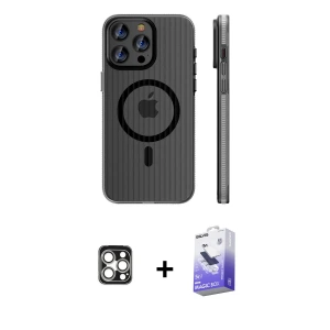 ieg™ iPhone 16 Pro Max Kılıf Pusula Minimal Koleksiyonu - Siyah Bilvis 5in1 5D Magic Hayalet Cam Ekran Koruyucu + PVD Metal Kamera Lens - GS