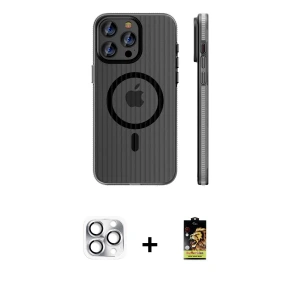ieg™ iPhone 16 Pro Max Kılıf Pusula Minimal Koleksiyonu - Siyah Buffer Cam Ekran Koruyucu + Pers Alüminyum Kamera Lens - GS