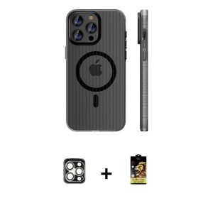 ieg™ iPhone 16 Pro Max Kılıf Pusula Minimal Koleksiyonu - Siyah Buffer Cam Ekran Koruyucu + PVD Metal Kamera Lens - GS