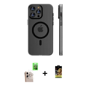 ieg™ iPhone 16 Pro Max Kılıf Pusula Minimal Koleksiyonu - Siyah Buffer Cam Ekran Koruyucu + Raze Metal Kamera Lens - NLGY