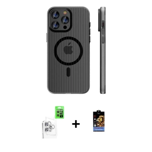 ieg™ iPhone 16 Pro Max Kılıf Pusula Minimal Koleksiyonu - Siyah Buffer Hayalet Cam Ekran Koruyucu + Raze Metal Kamera Lens - BZ