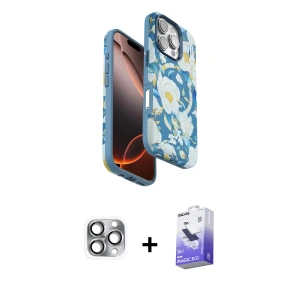 ieg™ iPhone 16 Pro Max Kılıf Siluet Doku - Siyah Bilvis 5in1 5D Magic Hayalet Cam Ekran Koruyucu + Pers Alüminyum Kamera Lens - GI
