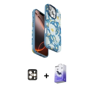 ieg™ iPhone 16 Pro Max Kılıf Siluet Doku - Siyah Bilvis 5in1 5D Magic Hayalet Cam Ekran Koruyucu + PVD Metal Kamera Lens - GD