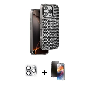 ieg™ iPhone 16 Pro Max Kılıf Siluet Form Serisi - Siyah 3D Antistatik Mat Seramik Nano Ekran Koruyucu + Pers Alüminyum Kamera Lens - GS