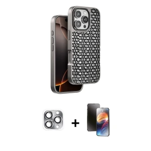 ieg™ iPhone 16 Pro Max Kılıf Siluet Form Serisi - Siyah 3D Antistatik Mat Seramik Nano Ekran Koruyucu + Pers Alüminyum Kamera Lens - GI