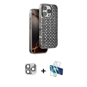 ieg™ iPhone 16 Pro Max Kılıf Siluet Form Serisi - Siyah 3D Antistatik Seramik Nano Ekran Koruyucu + Pers Alüminyum Kamera Lens - GI