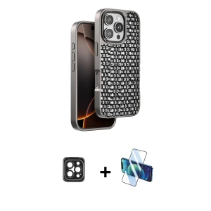ieg™ iPhone 16 Pro Max Kılıf Siluet Form Serisi - Siyah 3D Antistatik Seramik Nano Ekran Koruyucu + PVD Metal Kamera Lens - SH