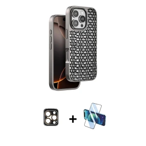ieg™ iPhone 16 Pro Max Kılıf Siluet Form Serisi - Siyah 3D Antistatik Seramik Nano Ekran Koruyucu + PVD Metal Kamera Lens - GD