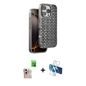 ieg™ iPhone 16 Pro Max Kılıf Siluet Form Serisi - Siyah 3D Antistatik Seramik Nano Ekran Koruyucu + Raze Metal Kamera Lens - NLGY