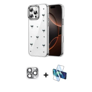 ieg™ iPhone 16 Pro Max Kılıf Yörünge Form - Siyah 3D Antistatik Seramik Nano Ekran Koruyucu + Pers Alüminyum Kamera Lens - GI