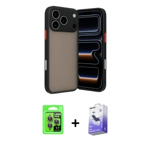 ieg™ iPhone 17 Pro Kılıf Ahenk Çizgi Serisi - Siyah Bilvis 5in1 5D Magic Hayalet Cam Ekran Koruyucu + Raze Metal Kamera Lens - GI