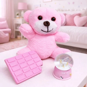 ieg™ Pembe Peluş Ayıcık, Kar Küresi Ve Pembe Çikolata Not Defteri Hediye Seti