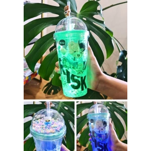 ieg ™ Risk Ayıcık Suluk Pipetli Buzlu Cam Görünümlü Led Işıklı 450 ML Çift Katman Mika 2768 Yeşil