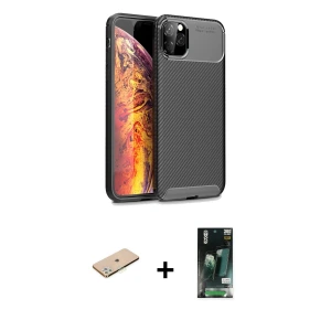 iPhone 11 Pro Max Kılıf Eksen Form Prime - Siyah 360 Mat Full Body Arka Koruyucu + Renkli Kamera Lens Koruma Cam - YL