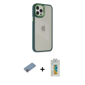 iPhone 12 Pro Max Kılıf Eksen Doku Prime - Siyah Polymer Nano Ekran Koruyucu + Shine Kamera Lens Koruma Cam - PE