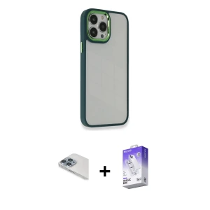 iPhone 13 Pro Max Kılıf Eksen Doku Prime - Siyah Bilvis 5in1 3D Magic Cam Ekran Koruyucu + Pers Alüminyum Kamera Lens - SABE