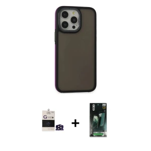 iPhone 14 Pro Max Kılıf Eksen Işık - Siyah 360 Mat Full Body Arka Koruyucu + Bilvis Titan Kamera Lens - DNMR