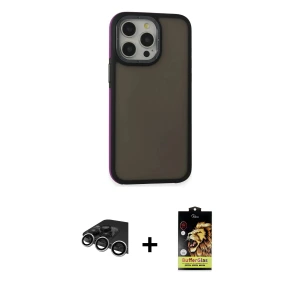 iPhone 14 Pro Max Kılıf Eksen Işık - Siyah Buffer Cam Ekran Koruyucu + Raze Metal Kamera Lens - GS