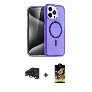 iPhone 15 Pro Kılıf Eksen Doku Koleksiyonu - Siyah Buffer Cam Ekran Koruyucu + Raze Metal Kamera Lens - LT