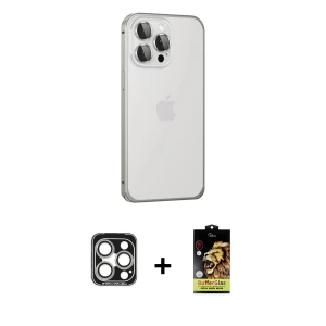 iPhone 15 Pro Max Kılıf Eksen Form Serisi - Siyah Buffer Cam Ekran Koruyucu + PVD Metal Kamera Lens - GS
