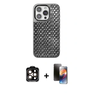 iPhone 15 Pro Max Kılıf Siluet Form Serisi - Siyah 3D Antistatik Mat Seramik Nano Ekran Koruyucu + PVD Metal Kamera Lens - TU