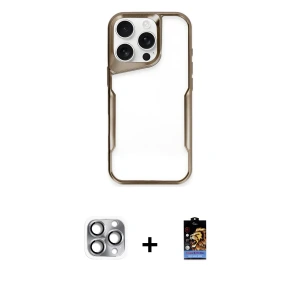 iPhone 16 Pro Max Kılıf Akış Çizgi Koleksiyonu - Siyah Buffer Hayalet Cam Ekran Koruyucu + Pers Alüminyum Kamera Lens - GI