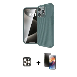 iPhone 16 Pro Max Kılıf Eksen Form Prime - Siyah 3D Antistatik Mat Seramik Nano Ekran Koruyucu + PVD Metal Kamera Lens - GD