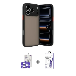 iPhone 17 Pro Max Kılıf Ahenk Çizgi Serisi - Siyah Bilvis 3X AR HD Cam Ekran Koruyucu + Bilvis Titan Kamera Lens - GS