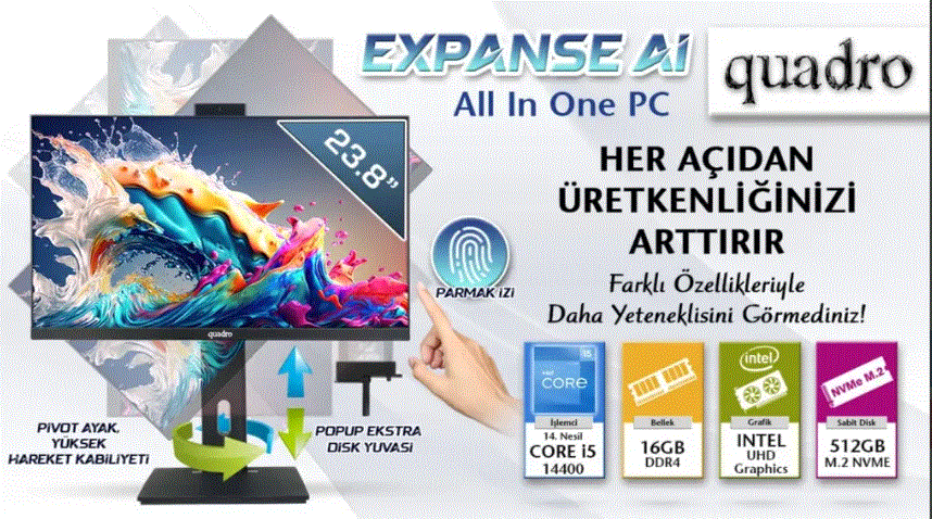 QUADRO EXPANSE AI B424 14165 i5-14400 16GB 512GB SSD 23.8 DOS All in One PC P.İzi (Pivot)
