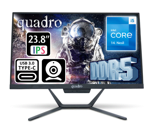 QUADRO STARK H424D5 145850 i5-14400 8GB 512GB SSD 23.8 Siyah DOS All in One PC