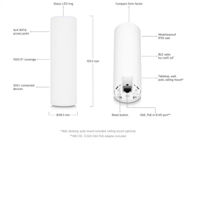 UBIQUITI U6-MESH 2.4/5GHZ DUALBAND WIFI6 4X4 MU-MIMO 5.3GBPS DIŞ ORTAM ACCESS POINT(ADAPTÖRLÜ)