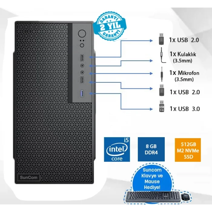 SUNCOM Force SC3-179 i5-9400 8GB 512GB SSD O/B DOS Masaüstü PC Wi-Fi