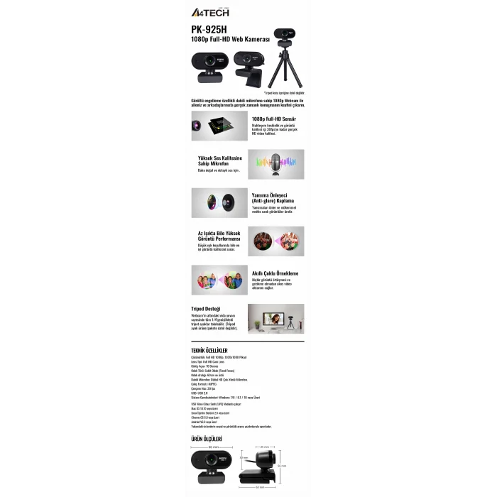 A4 TECH PK-925H 16MP 1080P HD Mikrofonlu Siyah Webcam