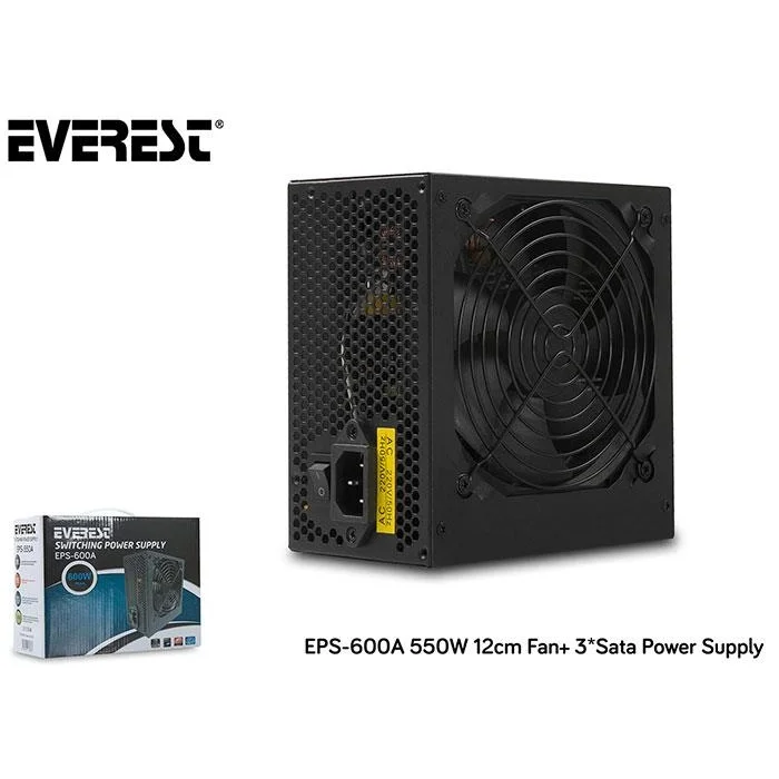 EVEREST EPS-600A 550W PEAK 600W Metalik 12cm Fanli Aktif PFC Power Supply