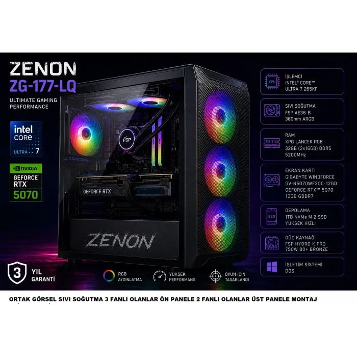 ZENON Gaming ZG-177-LQ Ultra 7 265KF 32GB 1TB SSD 12gb RTX5070 DOS Masaüstü Oyun Bilgisayarı (3 Yıl Garanti)