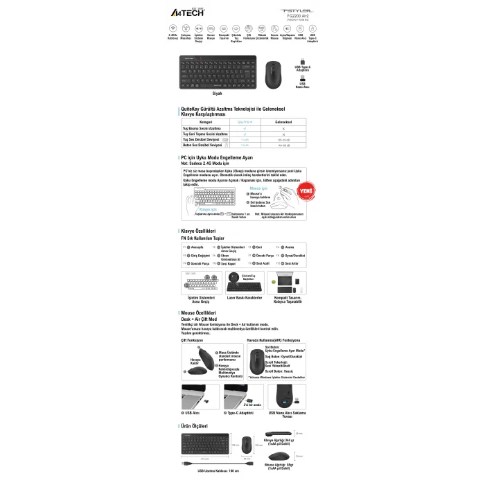 A4 TECH FG2200 AIR2 Q Türkçe Kablosuz Siyah Mini 1200dpi Klavye+ Mouse