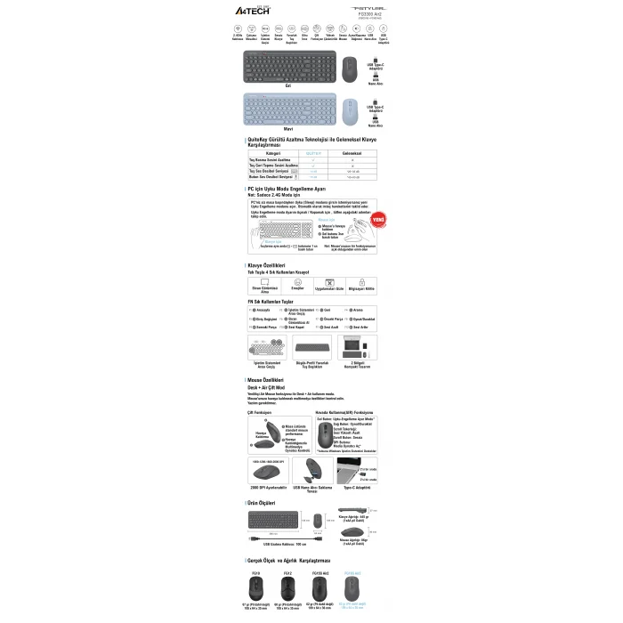 A4 TECH FG3300 AIR2 Q Türkçe Kablosuz Siyah Klavye+ Mouse
